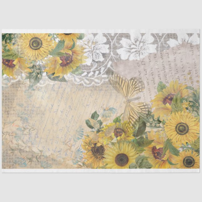 Vintage Sunflowers Burlap Lace Yellow Butterfly Tissue Paper (Front)