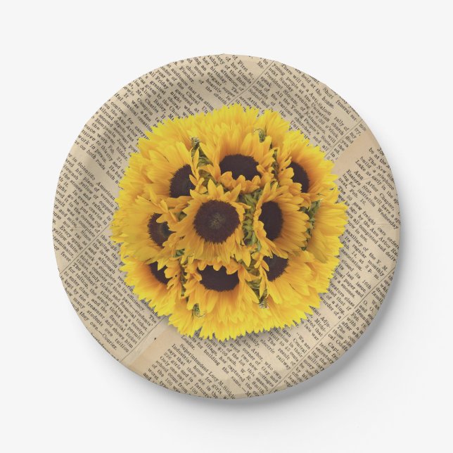 Vintage Sunflowers Old Pages Rustic Wedding Paper Plate (Front)