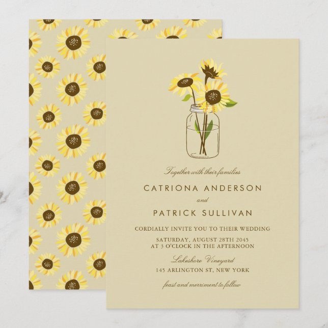 Vintage Sunflowers on Mason Jar Wedding Invitation (Front/Back)