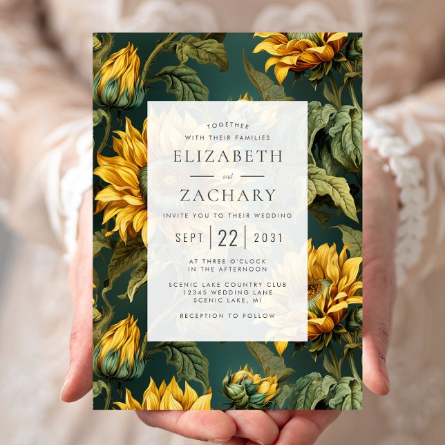 Vintage Sunflowers Yellow Dark Green Wedding Invitation (Creator Uploaded)