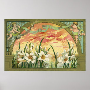Vintage Sunrise Easter Lilies and Victorian Angels Poster