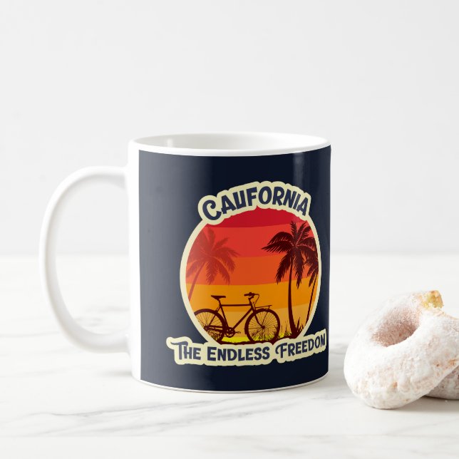 Vintage Sunset Beach Bicycle Silhouette Coffee Mug (With Donut)
