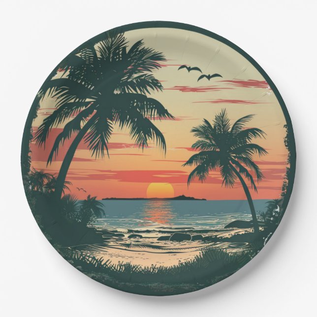 Vintage Sunset Beach Tropical Party Celebration Paper Plate (Front)