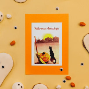 Vintage Sunset Black cat Pumpkin Halloween Holiday Card