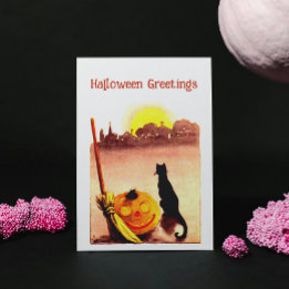 Vintage Sunset Black cat Pumpkin Halloween Holiday Postcard