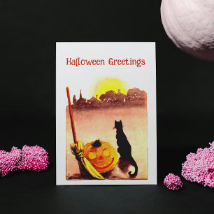 Vintage Sunset Black cat Pumpkin Halloween Holiday Postcard