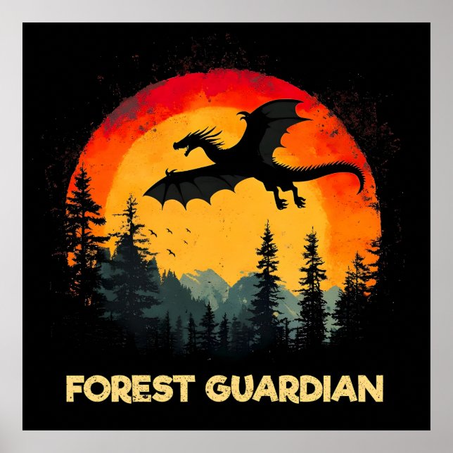 Vintage Sunset Forest Dragon Poster (Front)