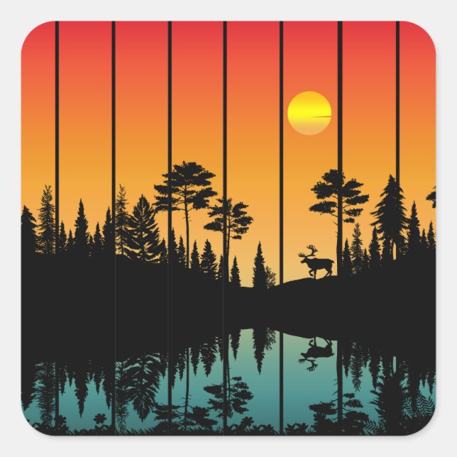 Vintage Sunset Forest Sunrise Scenery Square Sticker (Front)