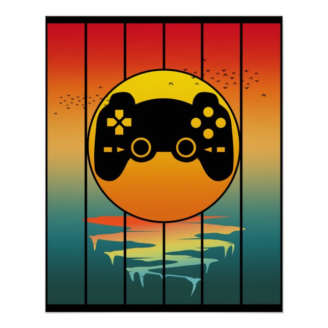 Vintage Sunset Gamer Gaming Computer Game Poster (Front)