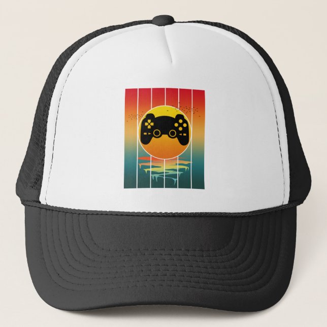 Vintage Sunset Gamer Gaming Computer Game Trucker Hat (Front)