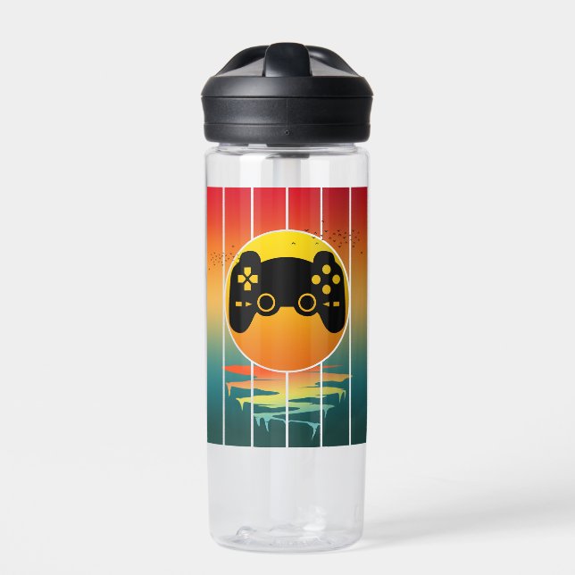Vintage Sunset Gamer Gaming Computer Game Water Bottle (Front)