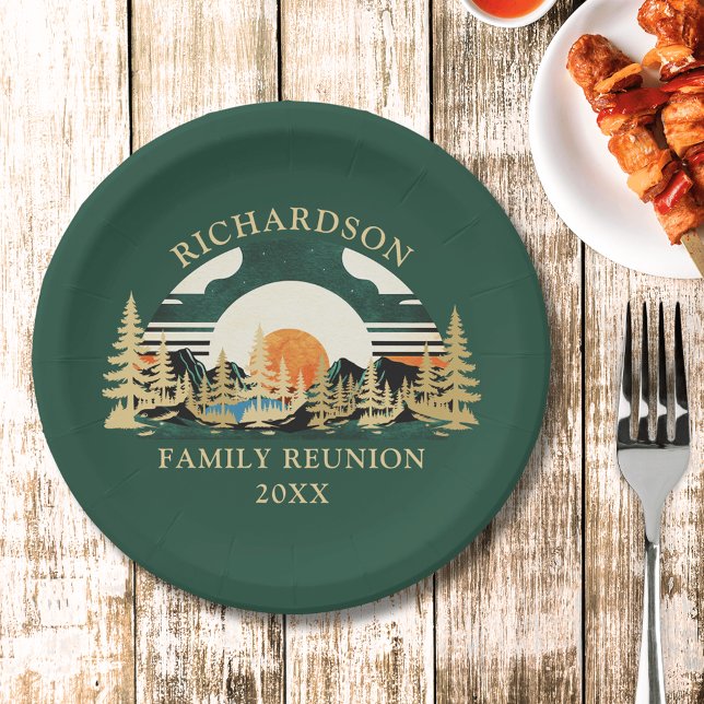 Vintage Sunset Green Camping Family Reunion Paper Plate (Creator Uploaded)