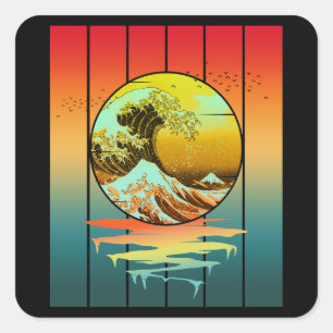 Vintage Sunset Japanese Kanagawa Wave Ocean Square Sticker