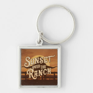 Vintage Sunset Over the Ranch Key Ring