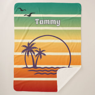 Vintage Sunset Palm Tree and Seagulls with Name Sherpa Blanket