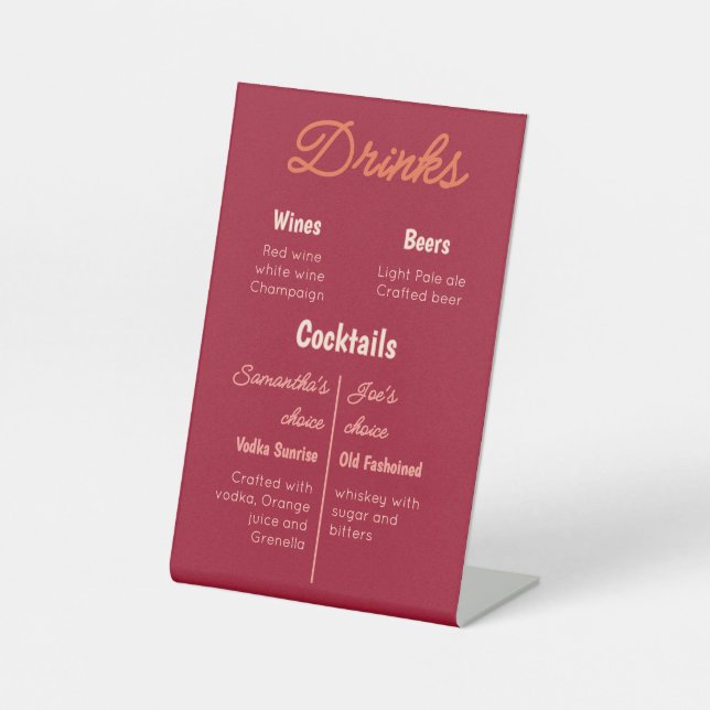 Vintage Sunset Retro Wedding Drinks Menu Pedestal Sign (Front)