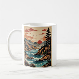 Vintage Sunset River Mountain Scene T Shirt Coffee Mug