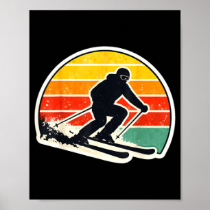 Vintage sunset skier silhouette retro skiing ski poster