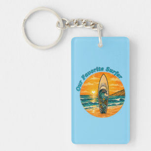 Vintage Sunset Surfboard & Ocean Waves Key Ring