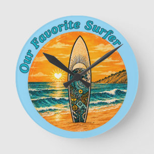 Vintage Sunset Surfboard & Ocean Waves Round Clock