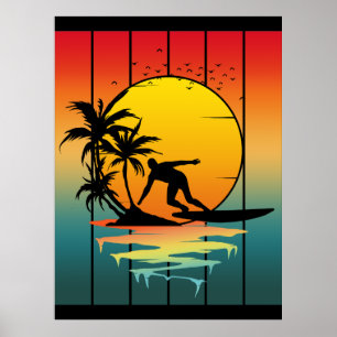 Vintage Sunset Surfing Surfer Ocean Surf Poster