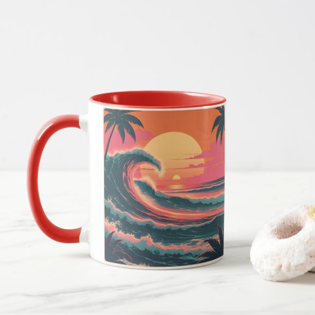 Vintage Sunset Wave | Retro Tropical Coffee Mug (With Donut)