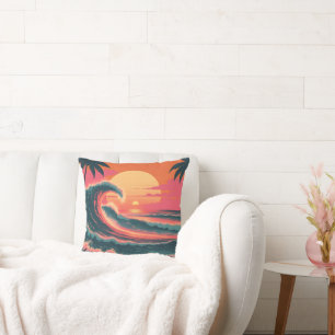 Vintage Sunset Wave Retro Tropical Throw Pillow