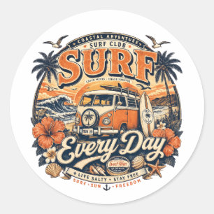 Vintage Surf Every Day Round Sticker