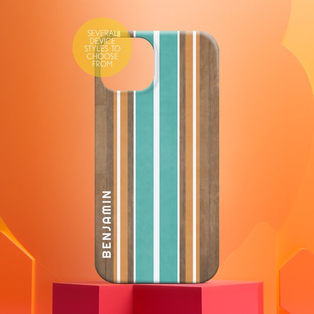 Vintage Surfboard Stripes - Subtle Wood Background Case-Mate iPhone Case (Personalized Phone Case with Custom Text)