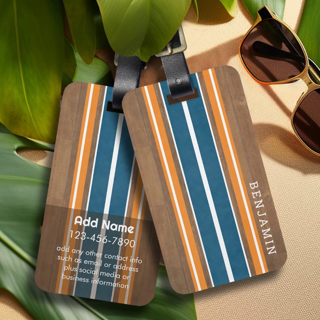 Vintage Surfboard Stripes - Subtle Wood Background Luggage Tag (Personalized luggage tag)
