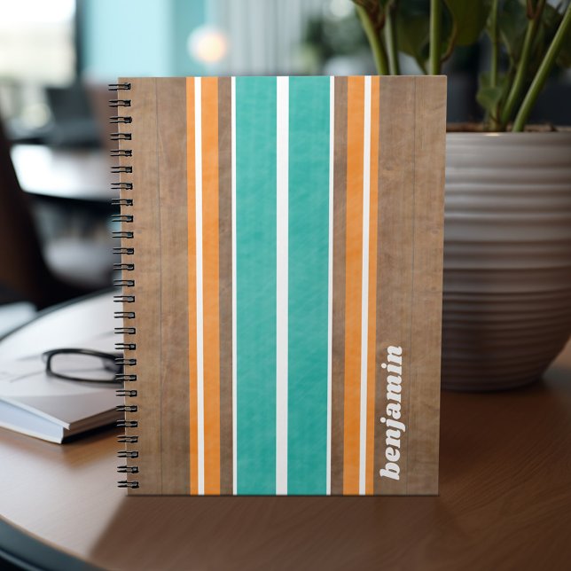 Vintage Surfboard Stripes - Subtle Wood Background Notebook (Personalized notebook with custom text - add your name and other options)