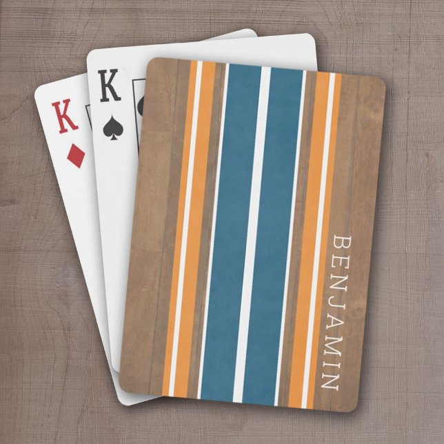 Vintage Surfboard Stripes - Subtle Wood Background Playing Cards (Vintage Surfboard design with a place to personalize with name - great Bachelor Gift)