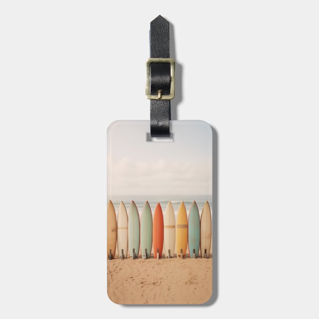 Vintage Surfboards On The Beach Luggage Tag (Front Vertical)