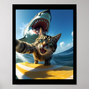 Vintage Surfing Cat Selfie With Fish Funny Meme Fo Poster