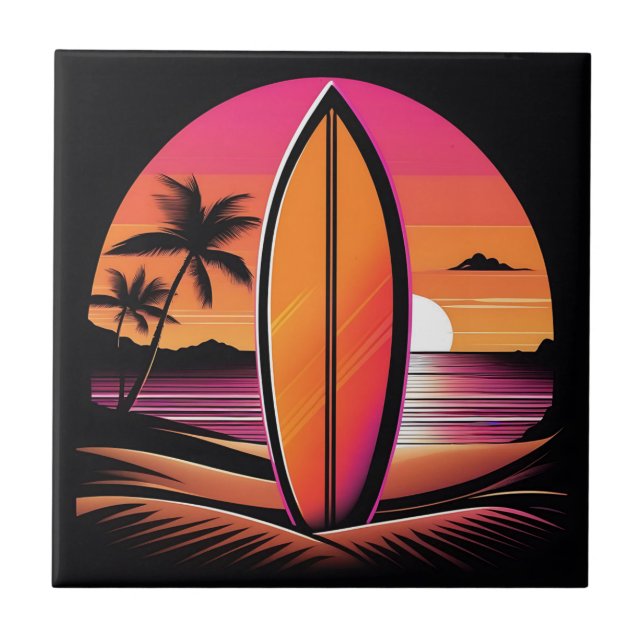 Vintage Surfing into the Sunset Retro Tile (Front)