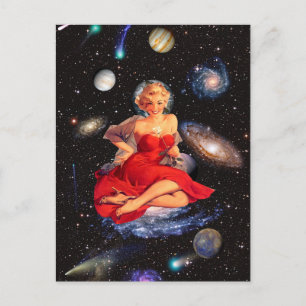 Vintage surreal galaxy beautiful woman collage art postcard