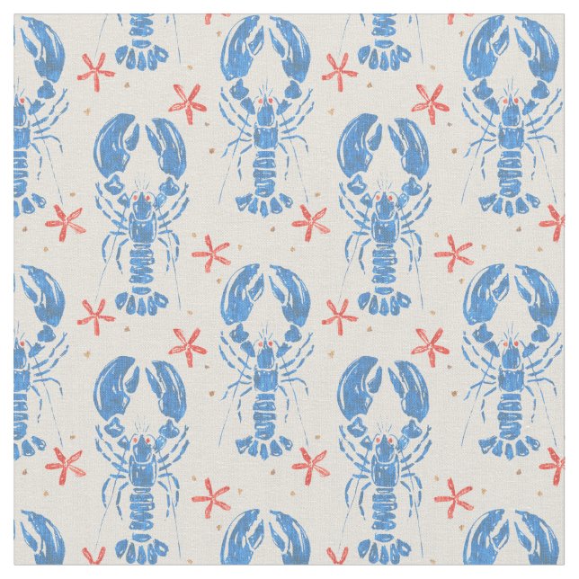 Vintage surreal pattern of blue lobsters. fabric (Close Up)