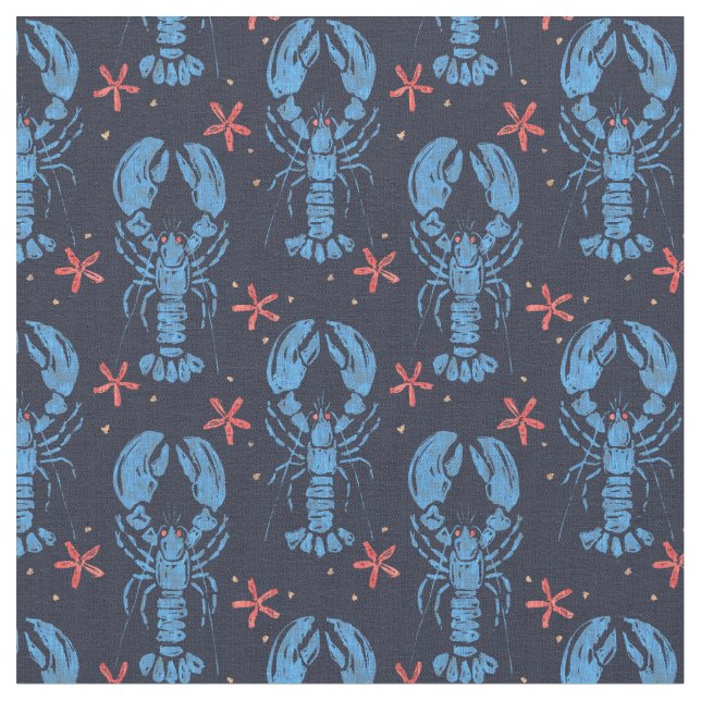 Vintage surreal pattern of blue lobsters. fabric (Close Up)