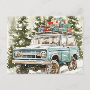 Vintage SUV with Gifts on Top Ornament Holiday Postcard