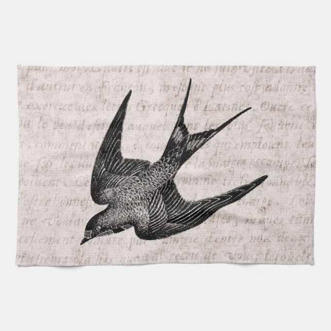 Vintage Swallow Illustration - 1800's Antique Bird Tea Towel (Horizontal)