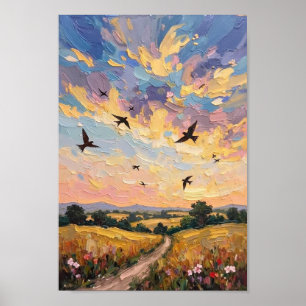 Vintage Swallow Sky Countryside Art Poster
