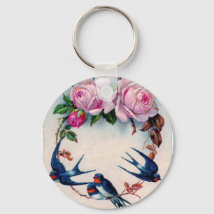 vintage swallows and roses on cyan key ring