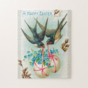 Vintage Swallows Couple and Floral Easter Eggs Jigsaw Puzzle