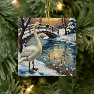 Vintage Swan by Snowy Bridge Christmas Painting Ceramic Ornament