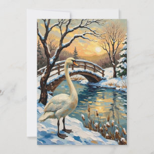 Vintage Swan by Snowy Bridge Christmas Painting Holiday Card