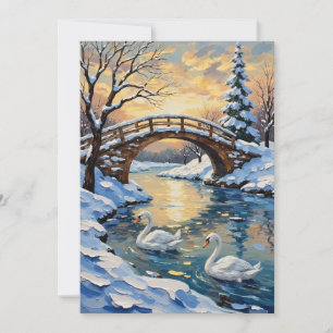 Vintage Swan Family Under Snowy Bridge Painting Holiday Card