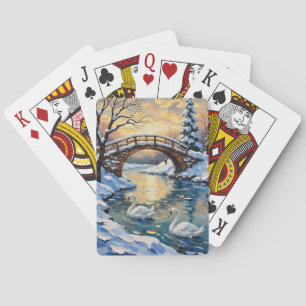 Vintage Swan Family Under Snowy Bridge Painting Playing Cards