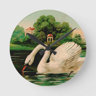 Vintage Swan in the Lake Round Clock
