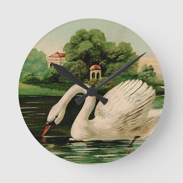 Vintage Swan in the Lake Round Clock (Front)