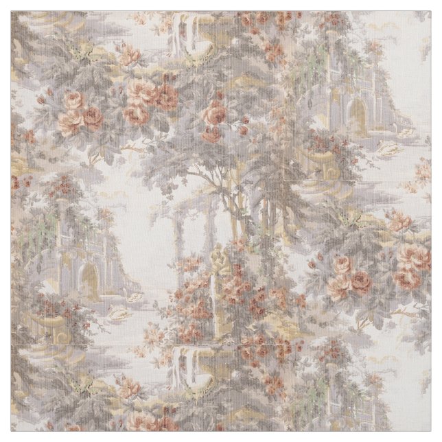 Vintage Swans Among Ruins & Roses Pattern Fabric (Swatch)
